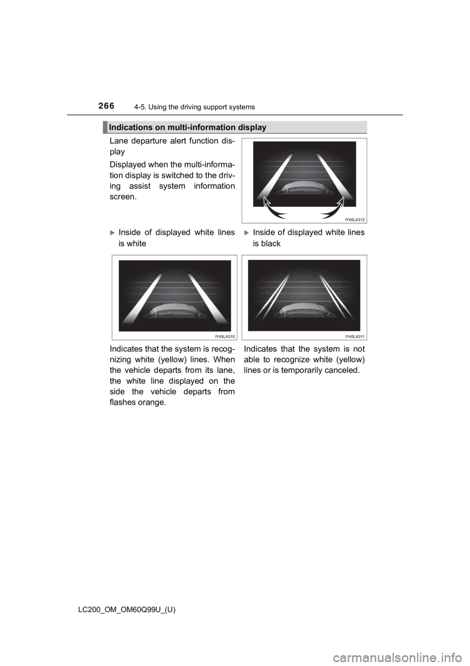 TOYOTA LAND CRUISER 2019  Owners Manual (in English) 266
LC200_OM_OM60Q99U_(U)
4-5. Using the driving support systems
Lane  departure  alert  function  dis-
play
Displayed when the multi-informa-
tion display is switched to the driv-
ing  assist  system