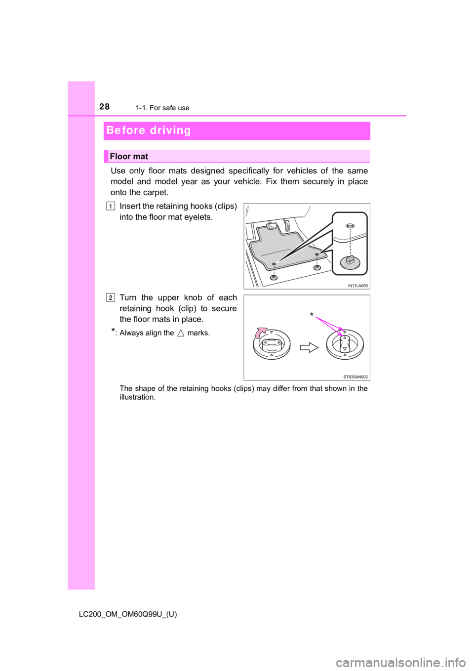 TOYOTA LAND CRUISER 2019  Owners Manual (in English) 281-1. For safe use
LC200_OM_OM60Q99U_(U)
Before driving
Use  only  floor  mats  designed  specifically  for  vehicles  of  the  same
model  and  model  year  as  your  vehicle.  Fix  them  securely  