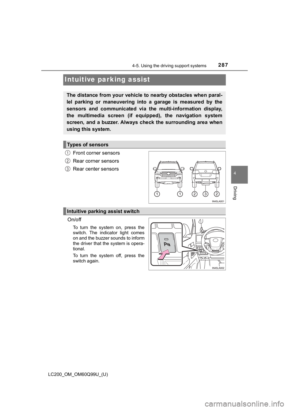 TOYOTA LAND CRUISER 2019  Owners Manual (in English) 287
LC200_OM_OM60Q99U_(U)
4-5. Using the driving support systems
4
Driving
Intuitive parking assist
Front corner sensors
Rear corner sensors
Rear center sensors
On/off
To  turn  the  system  on,  pres