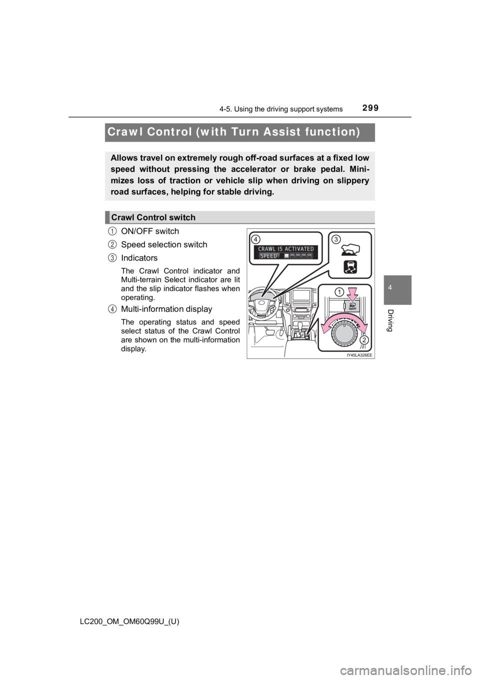 TOYOTA LAND CRUISER 2019  Owners Manual (in English) 299
LC200_OM_OM60Q99U_(U)
4-5. Using the driving support systems
4
Driving
Crawl Control (with Tu rn Assist function)
ON/OFF switch
Speed selection switch
Indicators
The  Crawl  Control  indicator  an