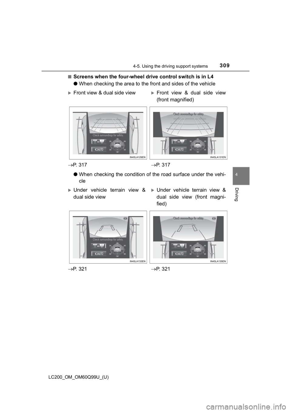 TOYOTA LAND CRUISER 2019  Owners Manual (in English) LC200_OM_OM60Q99U_(U)
3094-5. Using the driving support systems
4
Driving
■Screens when the four-wheel drive control switch is in L4
●When checking the area to the fr ont and sides of the vehicle
