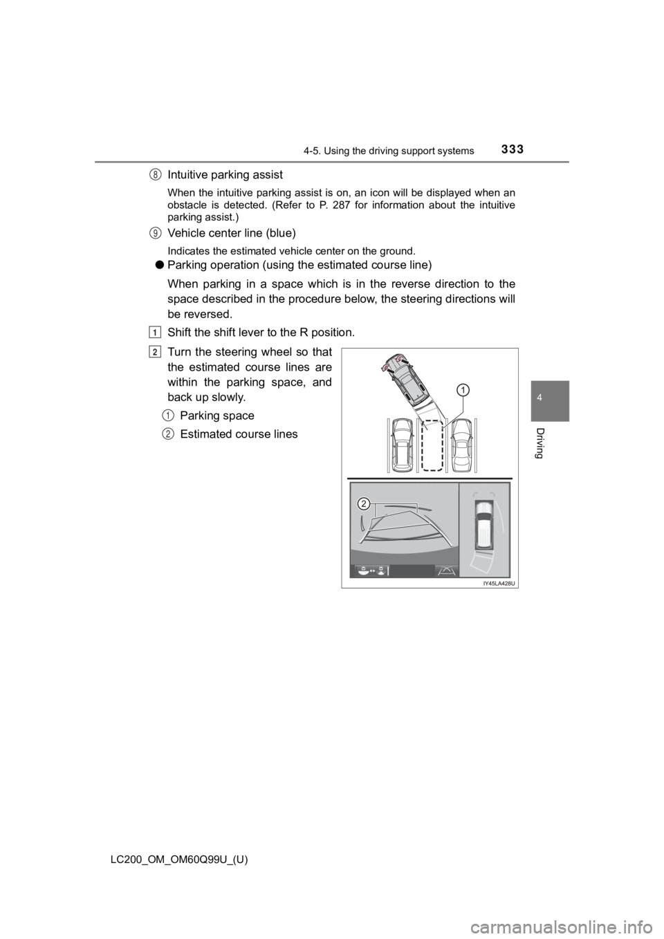 TOYOTA LAND CRUISER 2019  Owners Manual (in English) LC200_OM_OM60Q99U_(U)
3334-5. Using the driving support systems
4
Driving
Intuitive parking assist
When  the  intuitive  parking  assist  is  on,  an  icon  will  be  displa yed when  an
obstacle  is 