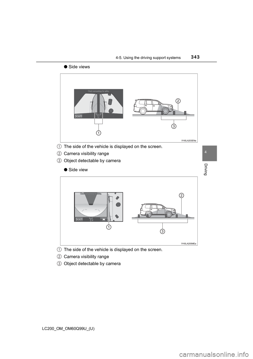 TOYOTA LAND CRUISER 2019  Owners Manual (in English) LC200_OM_OM60Q99U_(U)
3434-5. Using the driving support systems
4
Driving
●Side views
The side of the vehicle is  displayed on the screen.
Camera visibility range
Object detectable by camera
● Sid