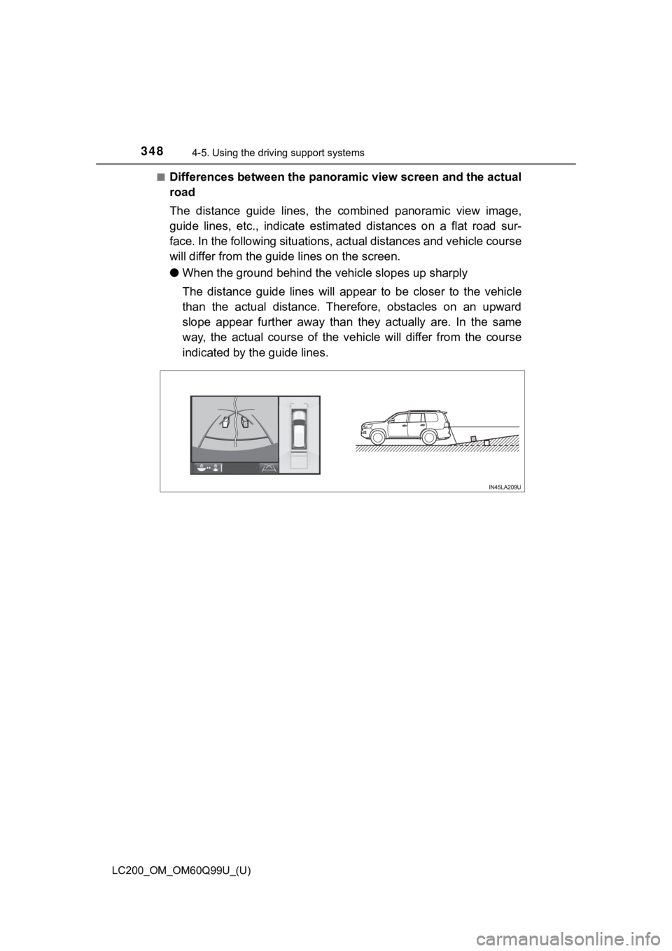 TOYOTA LAND CRUISER 2019  Owners Manual (in English) 348
LC200_OM_OM60Q99U_(U)
4-5. Using the driving support systems
■Differences between the panoramic view screen and the actual
road
The  distance  guide  lines,  the  combined  panoramic  view  imag