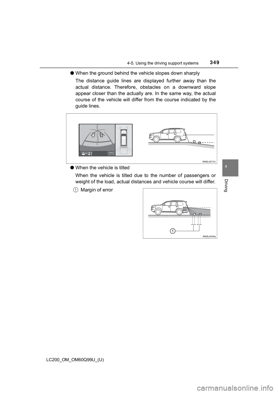 TOYOTA LAND CRUISER 2019  Owners Manual (in English) LC200_OM_OM60Q99U_(U)
3494-5. Using the driving support systems
4
Driving
●When the ground behind the ve hicle slopes down sharply
The  distance  guide  lines  are  displayed  further  away  than  t