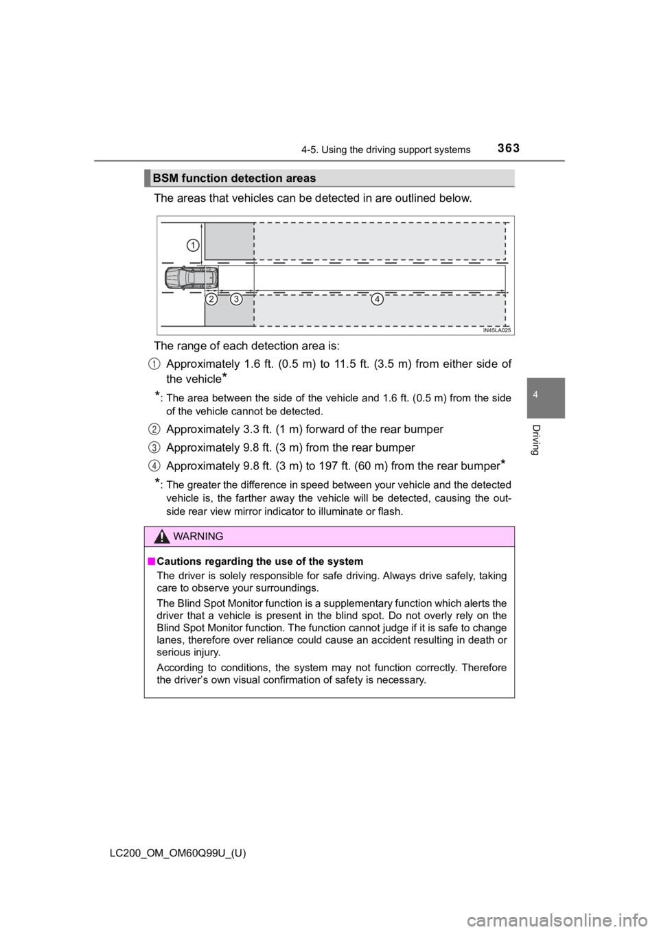 TOYOTA LAND CRUISER 2019  Owners Manual (in English) LC200_OM_OM60Q99U_(U)
3634-5. Using the driving support systems
4
Driving
The areas that vehicles can be  detected in are outlined below.
The range of each detection area is: Approximately  1.6  ft.  