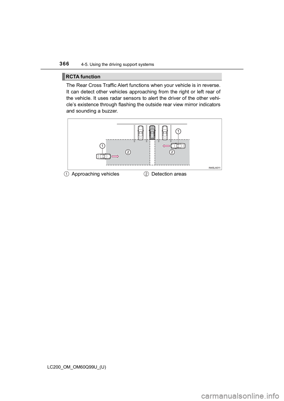TOYOTA LAND CRUISER 2019  Owners Manual (in English) 366
LC200_OM_OM60Q99U_(U)
4-5. Using the driving support systems
The Rear Cross Traffic Alert func tions when your vehicle is in reverse.
It  can  detect  other  vehicles  appr oaching  from  the  rig