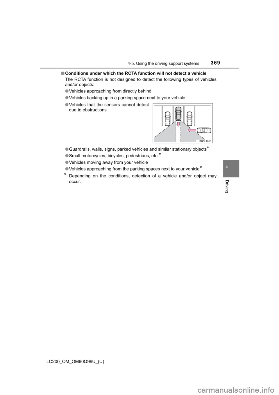 TOYOTA LAND CRUISER 2019  Owners Manual (in English) LC200_OM_OM60Q99U_(U)
3694-5. Using the driving support systems
4
Driving
■Conditions under which the RCTA  function will not detect a vehicle
The  RCTA  function  is  not  designed  to  detect  the