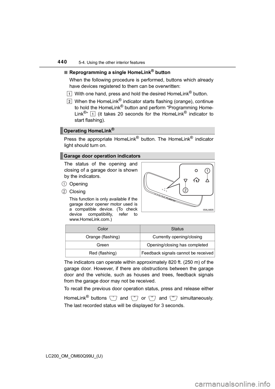 TOYOTA LAND CRUISER 2019 Owners Manual (in English) 440
LC200_OM_OM60Q99U_(U)
5-4. Using the other interior features
■Reprogramming a single HomeLink® button
When the following procedure is performed, buttons which alread y
have devices regist TOYOTA LAND CRUISER 2019 Owners Manual (in English) 440
LC200_OM_OM60Q99U_(U)
5-4. Using the other interior features
■Reprogramming a single HomeLink® button
When the following procedure is performed, buttons which alread y
have devices regist