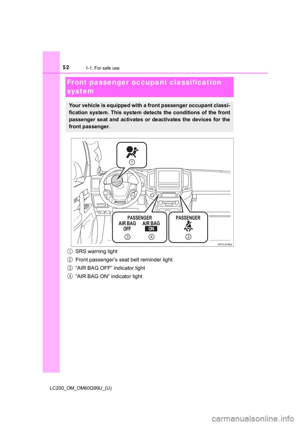 TOYOTA LAND CRUISER 2019  Owners Manual (in English) 521-1. For safe use
LC200_OM_OM60Q99U_(U)
Front passenger occupant classification 
system
SRS warning light
Front passenger’s seat belt reminder light
“AIR BAG OFF” indicator light
“AIR BAG ON