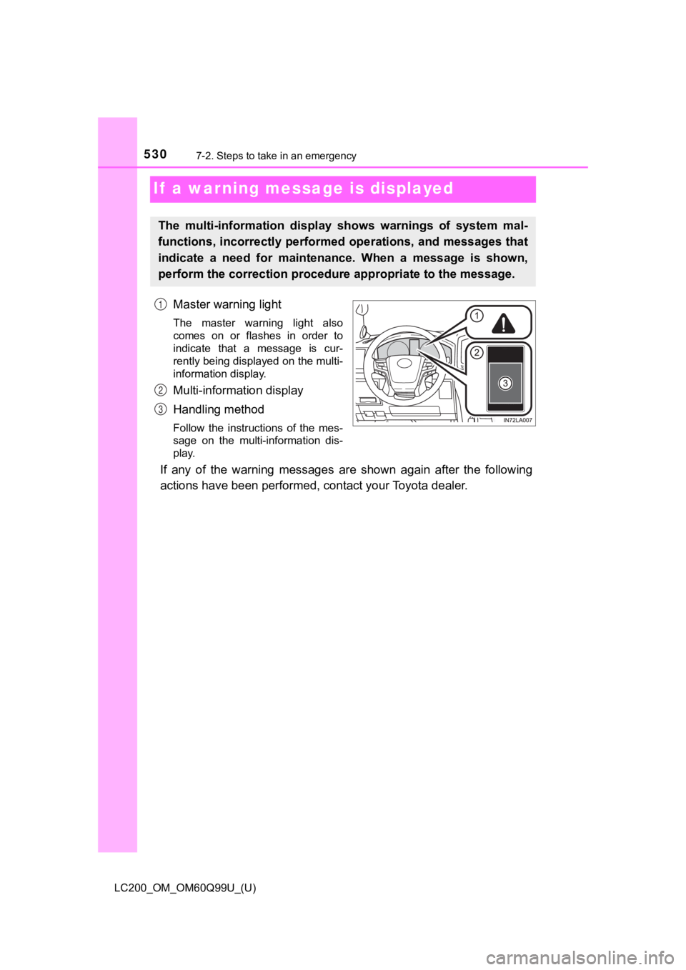 TOYOTA LAND CRUISER 2019  Owners Manual (in English) 530
LC200_OM_OM60Q99U_(U)
7-2. Steps to take in an emergency
If  a warning message is displayed
Master warning light
The  master  warning  light  also
comes  on  or  flashes  in  order  to
indicate  t