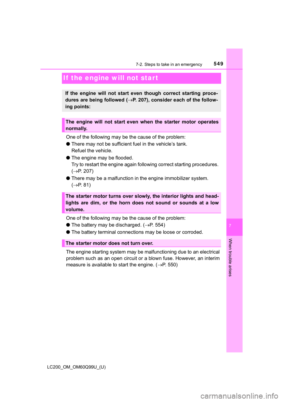 TOYOTA LAND CRUISER 2019 Owners Manual (in English) 549
LC200_OM_OM60Q99U_(U)
7
When trouble arises
7-2. Steps to take in an emergency
If the engine will not star t
One of the following may be the cause of the problem:
● There may not be sufficient TOYOTA LAND CRUISER 2019 Owners Manual (in English) 549
LC200_OM_OM60Q99U_(U)
7
When trouble arises
7-2. Steps to take in an emergency
If the engine will not star t
One of the following may be the cause of the problem:
● There may not be sufficient