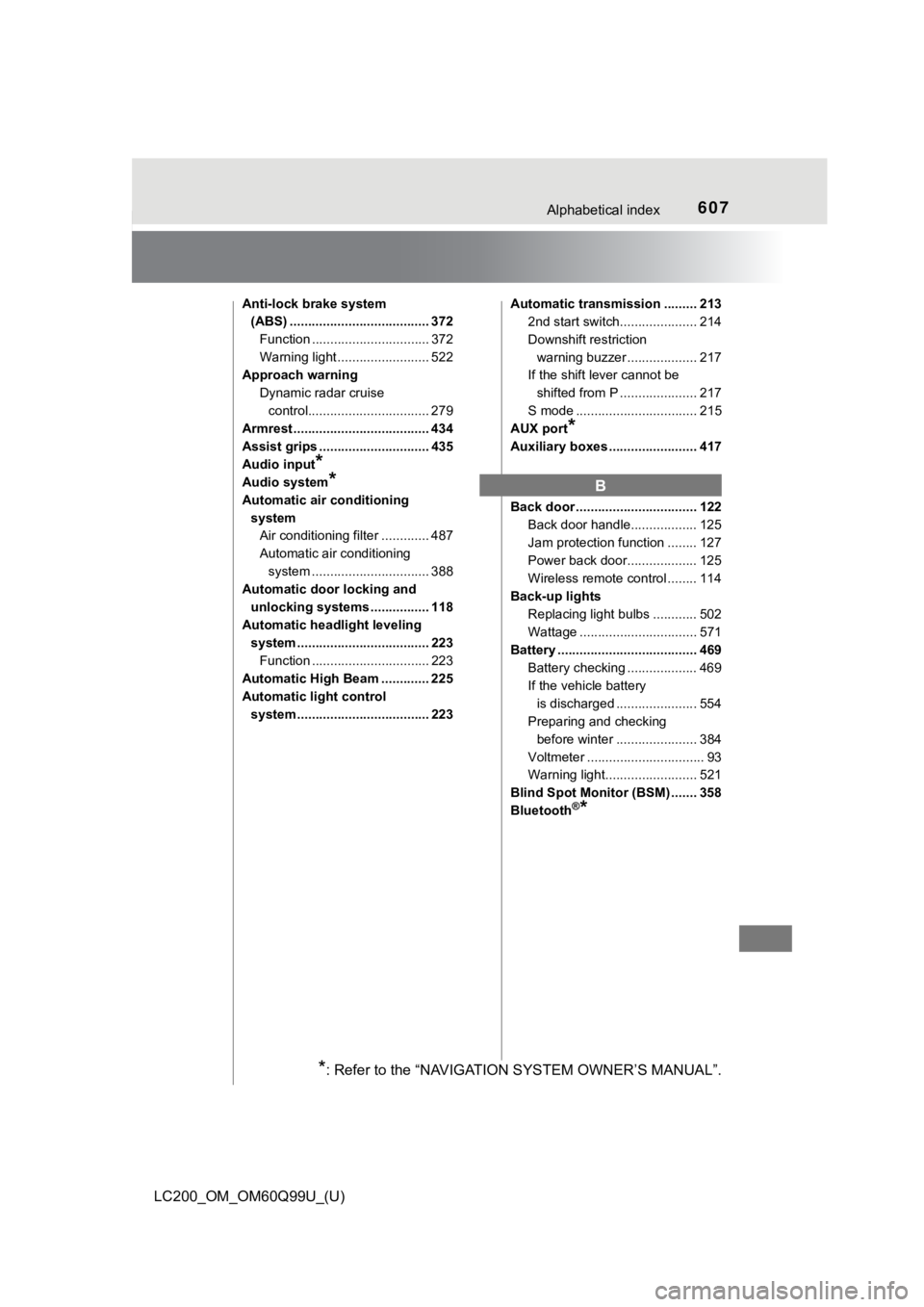 TOYOTA LAND CRUISER 2019  Owners Manual (in English) 607Alphabetical index
LC200_OM_OM60Q99U_(U)
Anti-lock brake system (ABS) ...................................... 372
Function ................................ 372
Warning light ........................