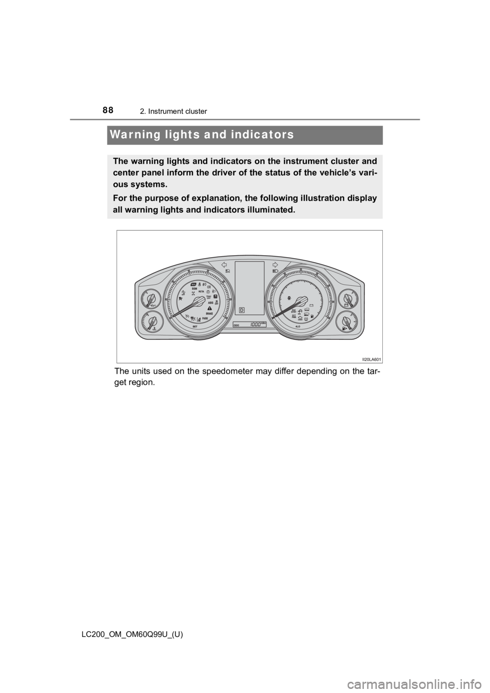 TOYOTA LAND CRUISER 2019  Owners Manual (in English) 88
LC200_OM_OM60Q99U_(U)
2. Instrument cluster
Warning lights and indicators
The  units  used  on  the  speedometer  may  differ  depending  on  the  tar-
get region.
The warning lights and indicators