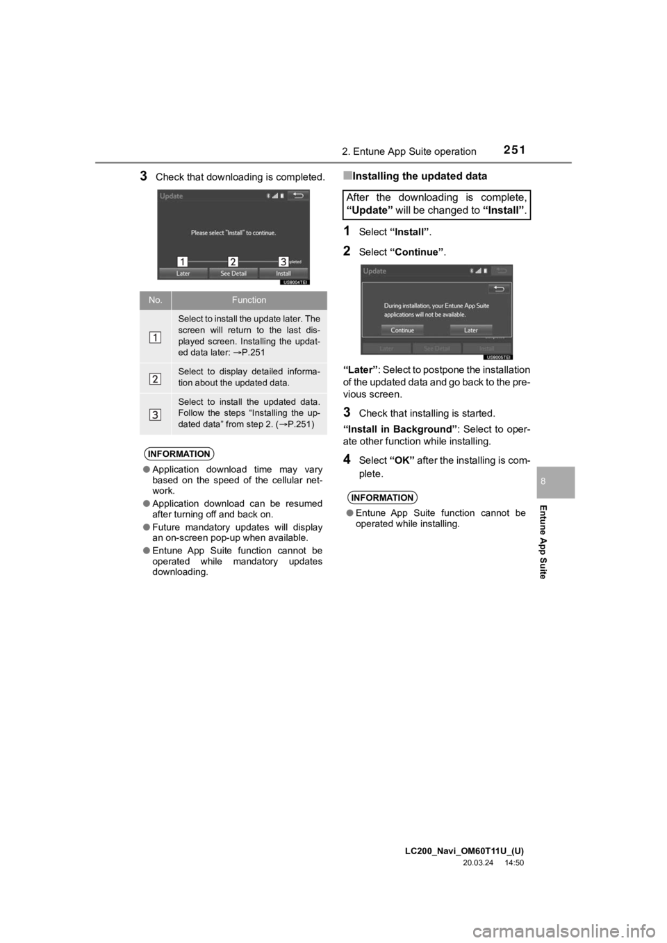 TOYOTA LAND CRUISER 2021  Accessories, Audio & Navigation (in English) LC200_Navi_OM60T11U_(U)
20.03.24     14:50
2512. Entune App Suite operation
Entune App Suite
8
3Check that downloading is completed.■Installing the updated data
1Select “Install” .
2Select “Co