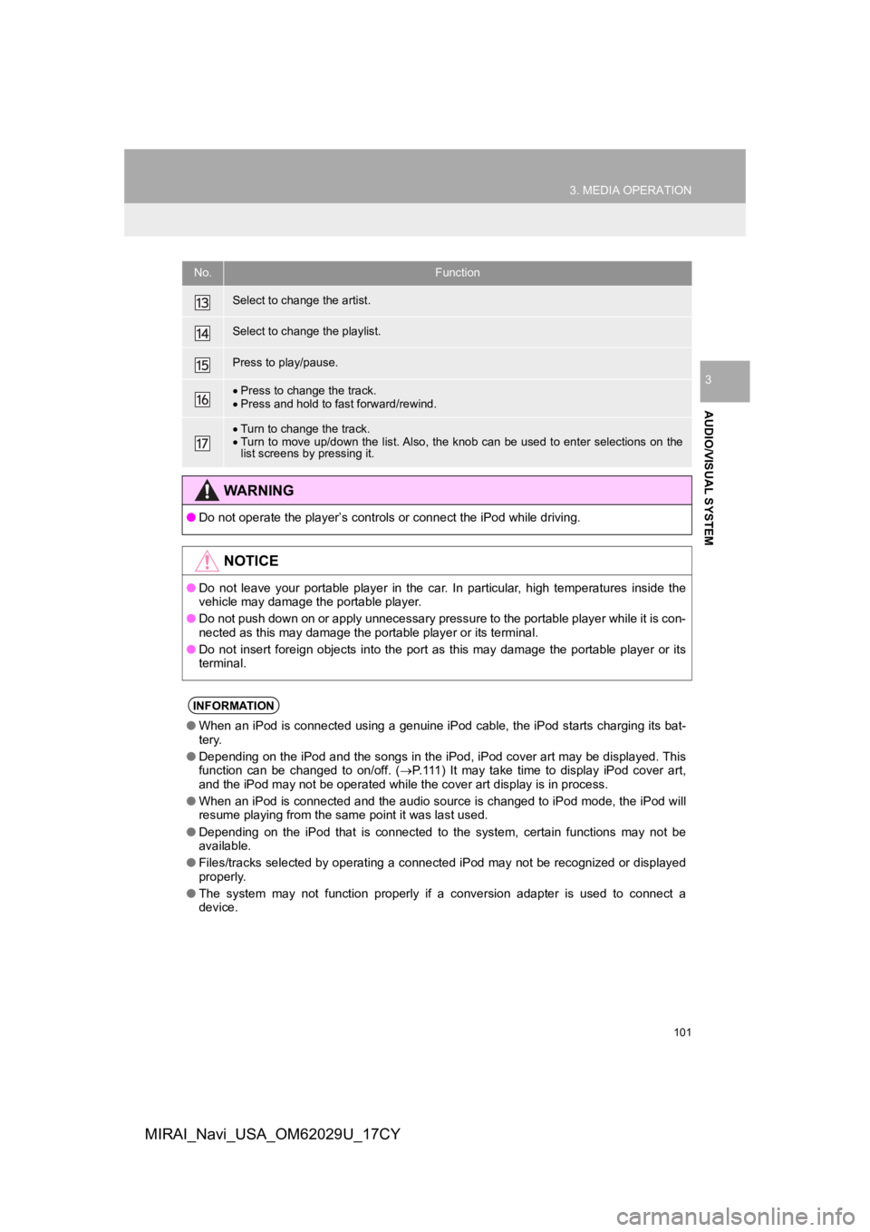 TOYOTA MIRAI 2018  Accessories, Audio & Navigation (in English) 101
3. MEDIA OPERATION
AUDIO/VISUAL SYSTEM
3
MIRAI_Navi_USA_OM62029U_17CY
Select to change the artist.
Select to change the playlist.
Press to play/pause.
Press to change the track. 
 Press and 