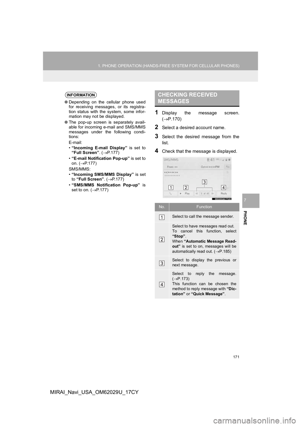 TOYOTA MIRAI 2018  Accessories, Audio & Navigation (in English) 171
1. PHONE OPERATION (HANDS-FREE SYSTEM FOR CELLULAR PHONES)
PHONE
7
MIRAI_Navi_USA_OM62029U_17CY
1Display  the  message  screen.
(P.170)
2Select a desired account name.
3Select  the  desired  me