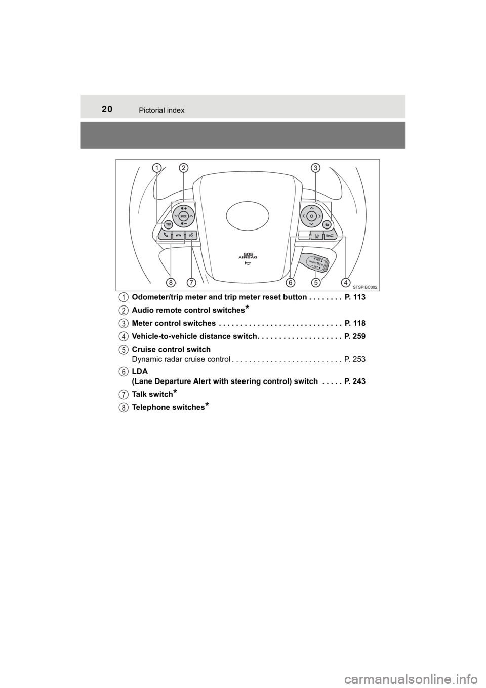 TOYOTA MIRAI 2020  Owners Manual (in English) 20Pictorial index
MIRAI_OM_USA_OM62073UOdometer/trip meter and trip meter reset button . . . . . . . .
 P. 113
Audio remote control switches
*
Meter control switches  . . . . . . . . . . . . . . . . .