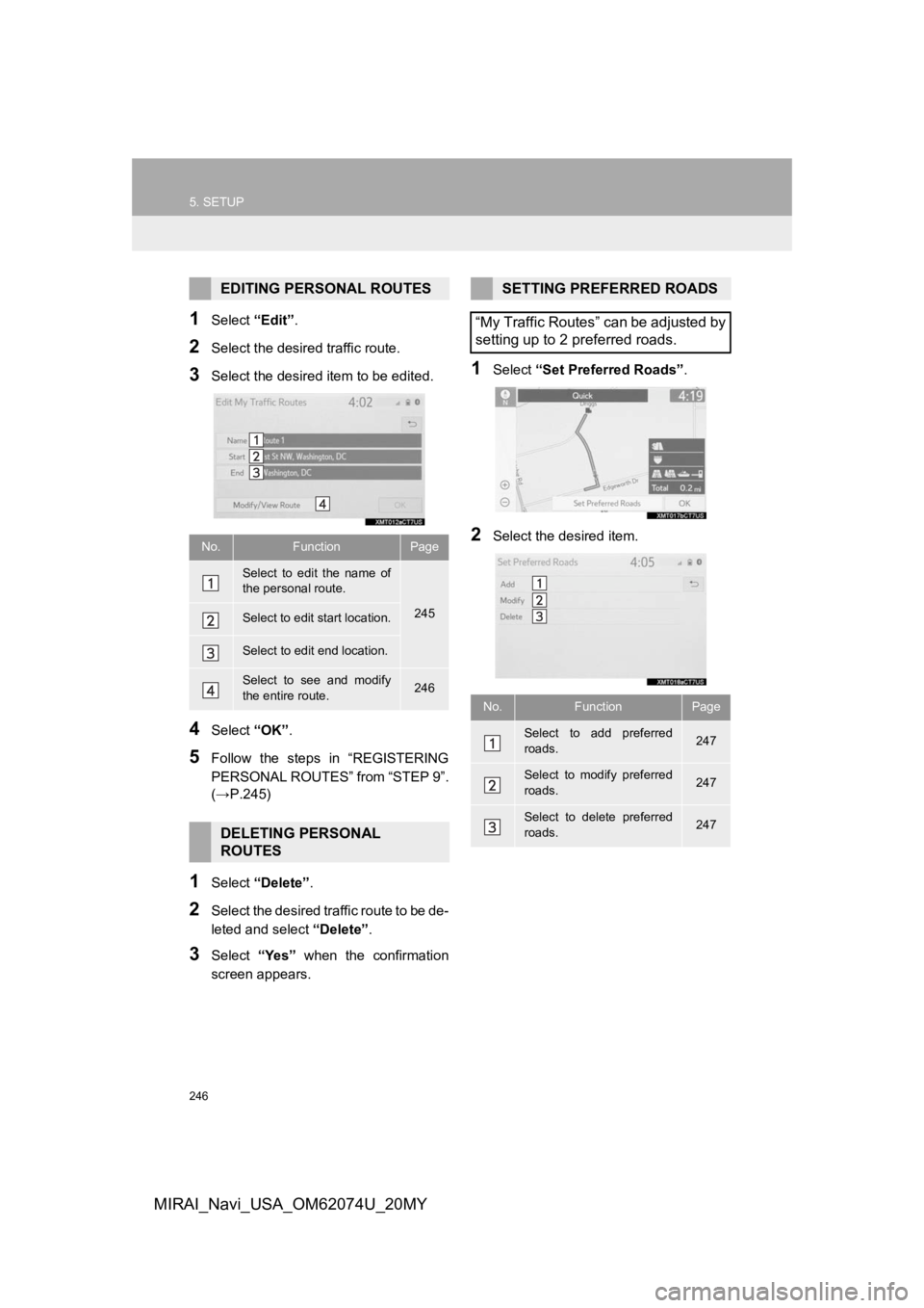 TOYOTA MIRAI 2020  Accessories, Audio & Navigation (in English) 246
5. SETUP
MIRAI_Navi_USA_OM62074U_20MY
1Select “Edit”.
2Select the desired traffic route.
3Select the desired item to be edited.
4Select “OK”.
5Follow  the  steps  in  “REGISTERING
PERSON