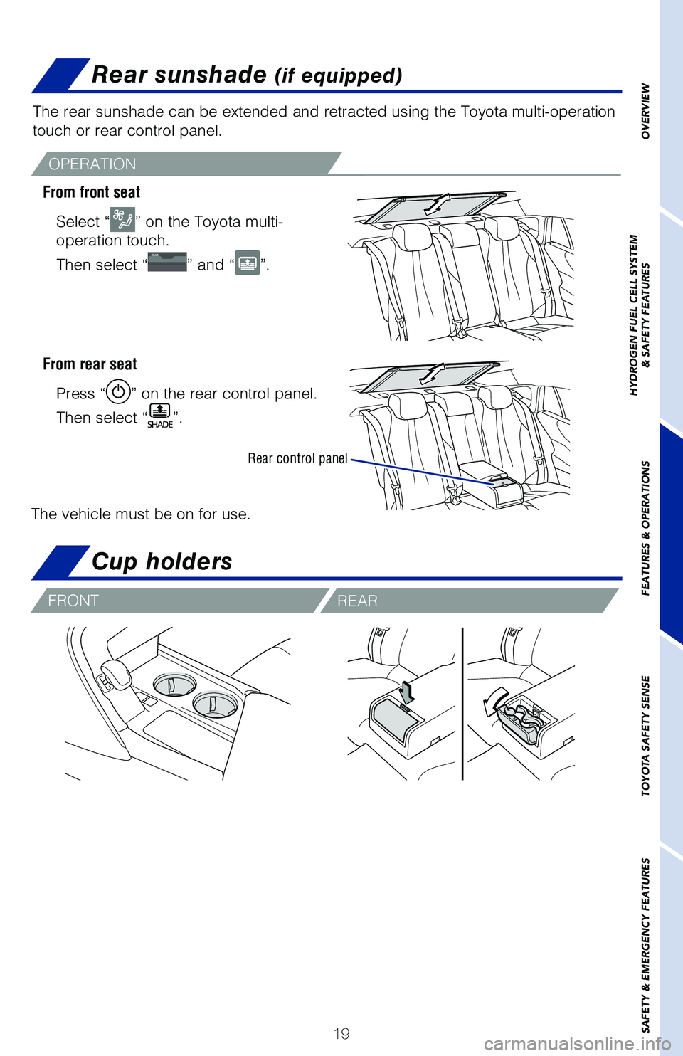 TOYOTA MIRAI 2021  Owners Manual (in English) 19
OVERVIEW
HYDROGEN FUEL CELL SYSTEM
& SAFETY FEATURES
FEATURES & OPERATIONS
TOYOTA SAFETY SENSE
SAFETY & EMERGENCY FEATURES
From front seat
From rear seat
OPERATION
Select “” on the Toyota multi