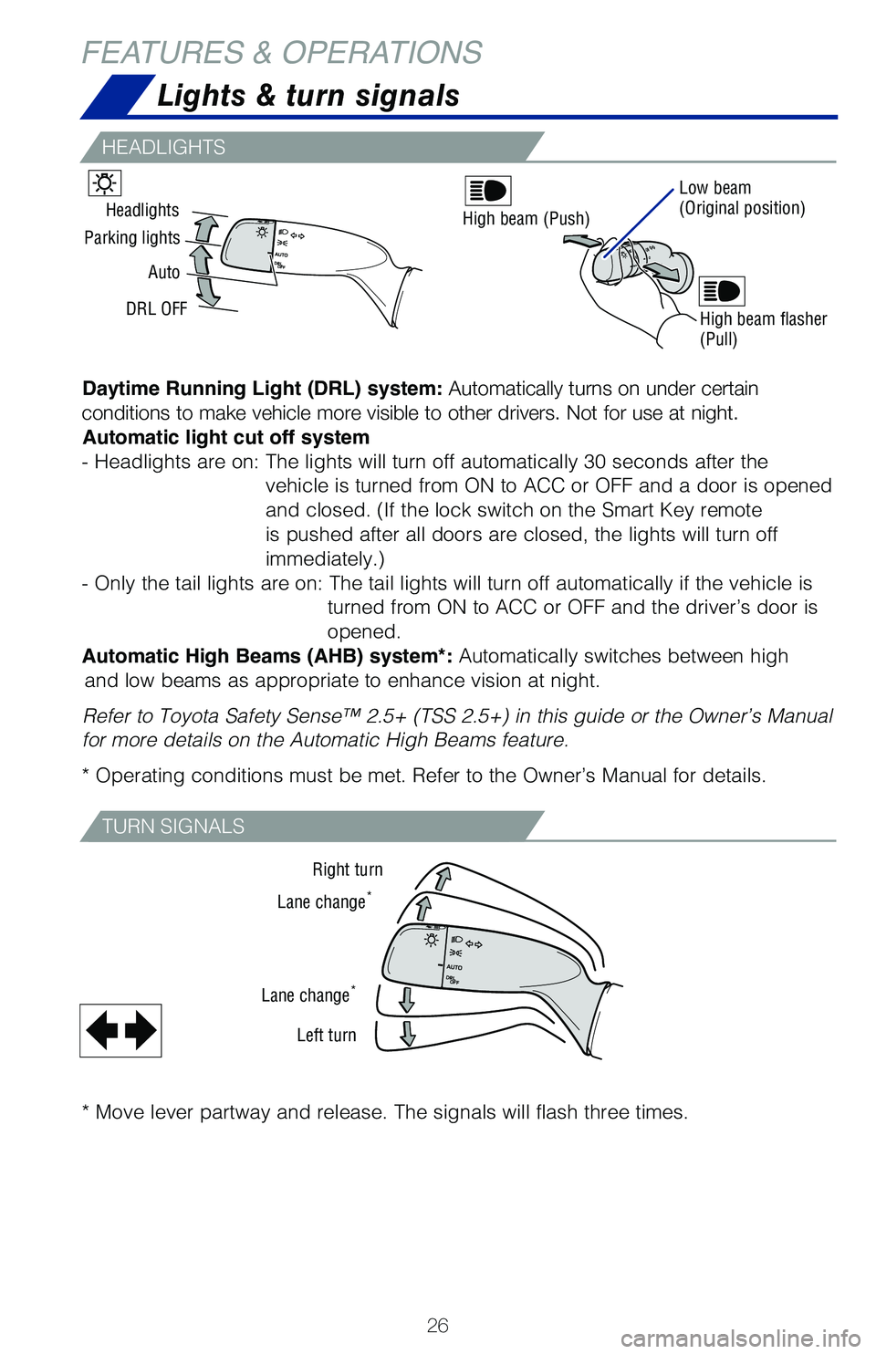 TOYOTA MIRAI 2021 Owners Manual (in English) 26
FEATURES & OPERATIONS
TURN SIGNALS
HEADLIGHTS
Right turn
Lane change
*
Lane change*
Left turn
Headlights
Parking lights
Auto
DRL OFF
High beam (Push)
High beam flasher
(Pull)
Low beam
(Original po TOYOTA MIRAI 2021 Owners Manual (in English) 26
FEATURES & OPERATIONS
TURN SIGNALS
HEADLIGHTS
Right turn
Lane change
*
Lane change*
Left turn
Headlights
Parking lights
Auto
DRL OFF
High beam (Push)
High beam flasher
(Pull)
Low beam
(Original po