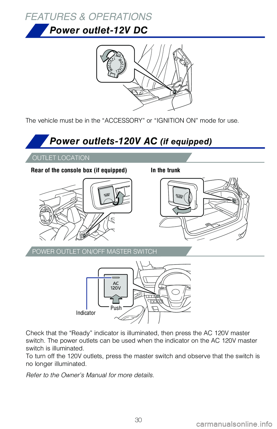 TOYOTA MIRAI 2021  Owners Manual (in English) 30
FEATURES & OPERATIONS
Power outlet-12V DC
The vehicle must be in the “ACCESSORY” or “IGNITION ON” mode\
 for use.
Power outlets-120V AC (if equipped)
Check that the “Ready” indicator is