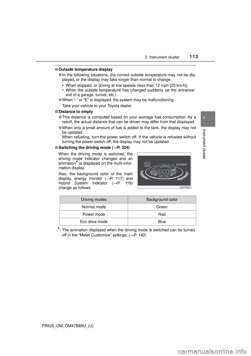 TOYOTA PRIUS 2018 Owners Manual (in English) PRIUS_OM_OM47B89U_(U)
1132. Instrument cluster
2
Instrument cluster
■Outside temperature display
●In the following situations, the correct outside temperature may not be dis-
played, or the displa TOYOTA PRIUS 2018 Owners Manual (in English) PRIUS_OM_OM47B89U_(U)
1132. Instrument cluster
2
Instrument cluster
■Outside temperature display
●In the following situations, the correct outside temperature may not be dis-
played, or the displa