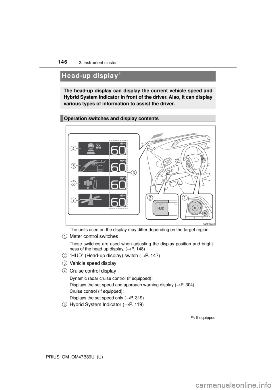 TOYOTA PRIUS 2018  Owners Manual (in English) 146
PRIUS_OM_OM47B89U_(U)
2. Instrument cluster
Head-up display∗
The units used on the display may differ depending on the target region.
Meter control switches
These switches are used when adjustin