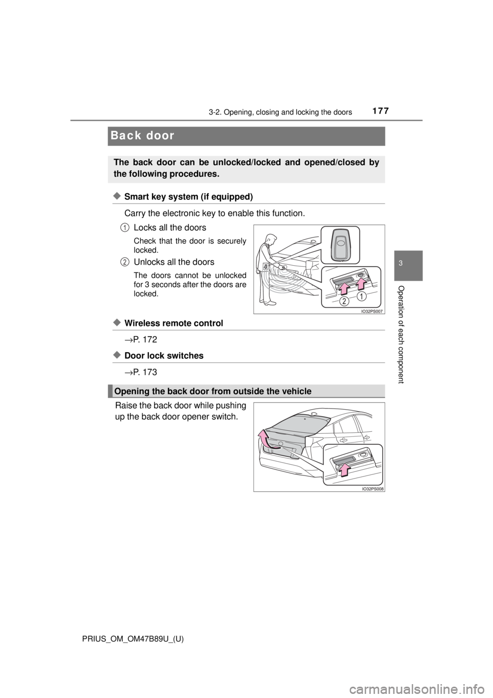 TOYOTA PRIUS 2018  Owners Manual (in English) 177
PRIUS_OM_OM47B89U_(U)
3-2. Opening, closing and locking the doors
3
Operation of each component
Back door
◆Smart key system (if equipped)
Carry the electronic key to enable this function.Locks a