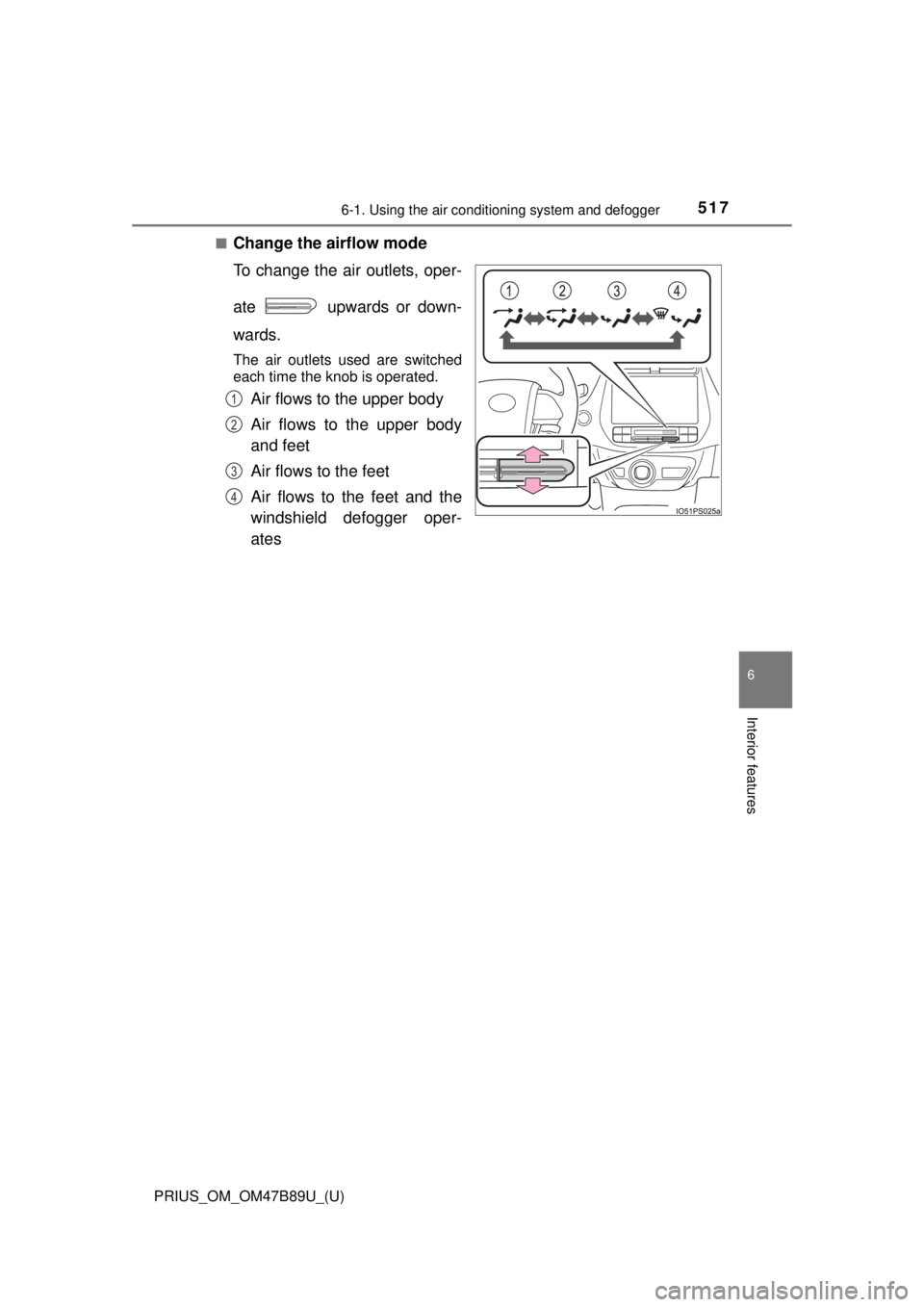 TOYOTA PRIUS 2018  Owners Manual (in English) PRIUS_OM_OM47B89U_(U)
5176-1. Using the air conditioning system and defogger
6
Interior features
■Change the airflow mode
To change the air outlets, oper-
ate   upwards or down-
wards.
The air outle