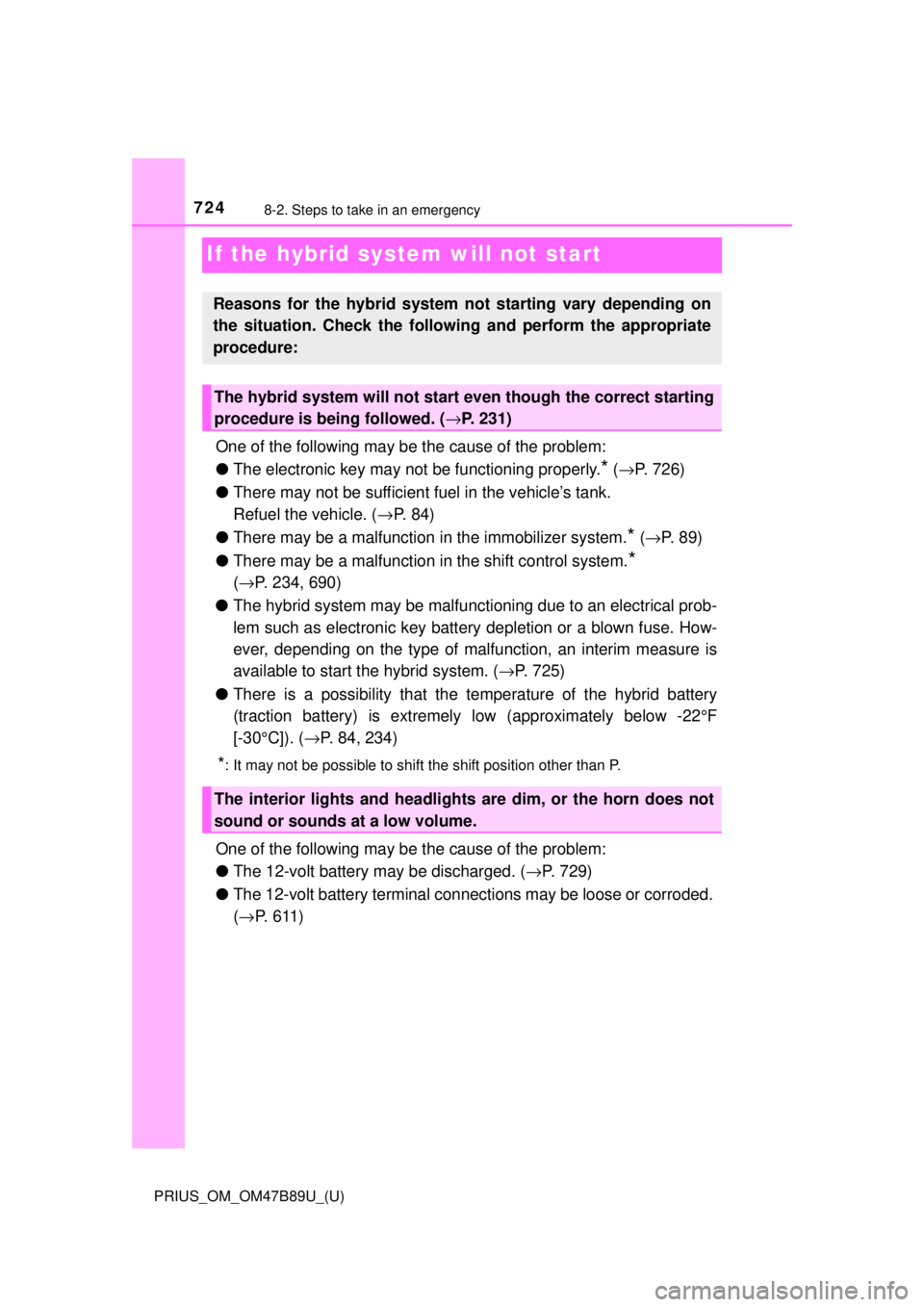 TOYOTA PRIUS 2018  Owners Manual (in English) 724
PRIUS_OM_OM47B89U_(U)
8-2. Steps to take in an emergency
If the hybrid system will not start
One of the following may be the cause of the problem:
●The electronic key may not be functioning prop