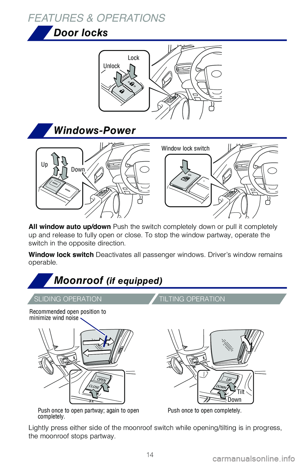 TOYOTA PRIUS 2019  Owners Manual (in English) 14
Windows-Power
Door locks
Moonroof (if equipped)
UpDown
Window lock switch
All window auto up/down Push the switch completely down or pull it completely 
up and release to fully open or close. To st