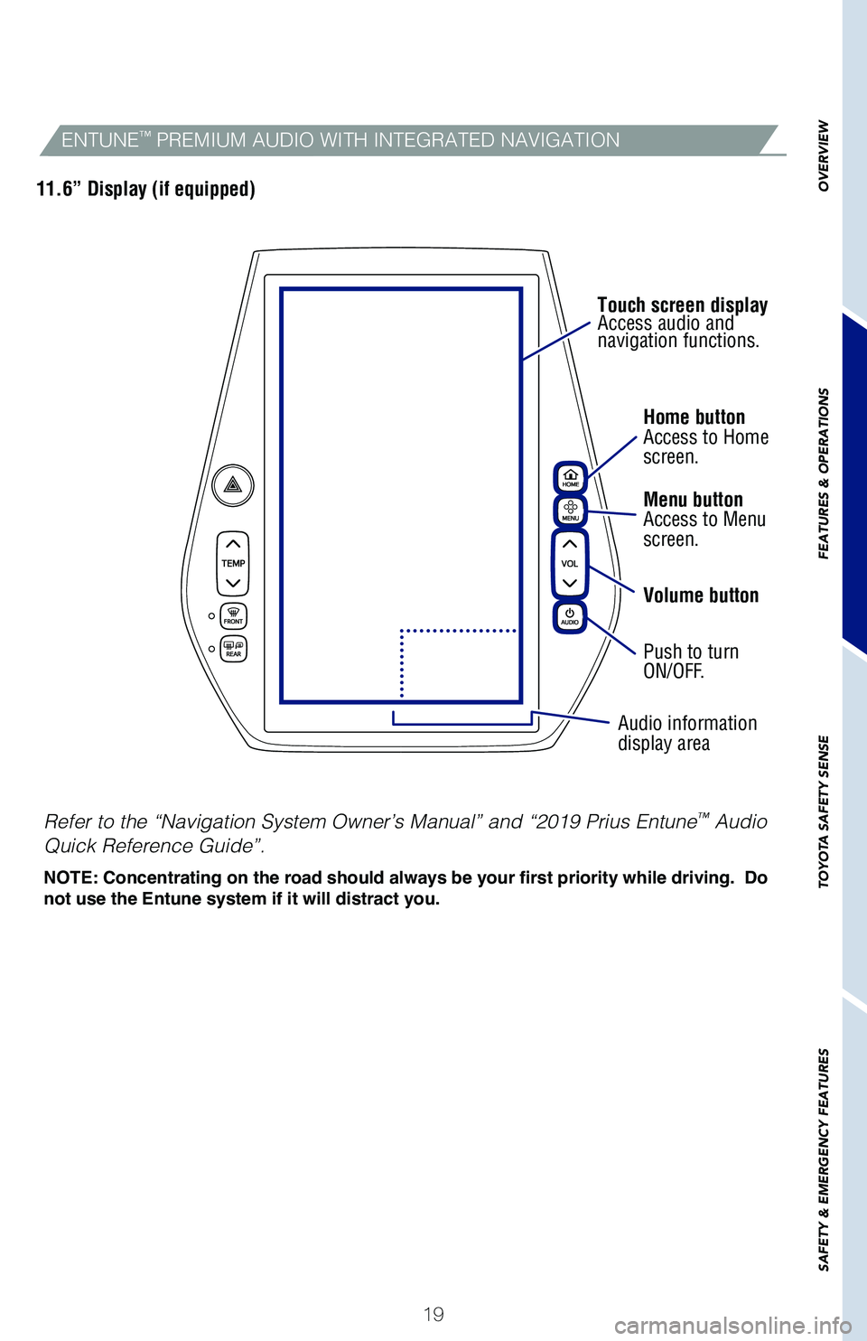 TOYOTA PRIUS 2019  Owners Manual (in English) 19
OVERVIEW
FEATURES
 & OPERATIONS
TOYOTA
 SAFETY
 SENSE
SAFETY
 & EMERGENCY
 FEATURES
Home buttonAccess to Homescreen.
Menu buttonAccess to Menuscreen.
Volume button
Push to turn ON/OFF.
Audio inform