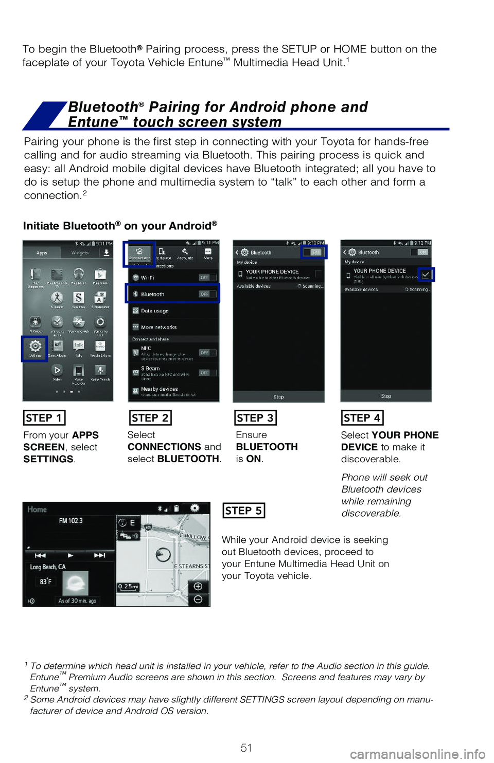 TOYOTA PRIUS 2019 Owners Manual (in English) 51
Pairing your phone is the first step in connecting with your Toyota for hands-free
calling and for audio streaming via Bluetooth. This pairing process is quick and
easy: all Android mobile digita TOYOTA PRIUS 2019 Owners Manual (in English) 51
Pairing your phone is the first step in connecting with your Toyota for hands-free
calling and for audio streaming via Bluetooth. This pairing process is quick and
easy: all Android mobile digita