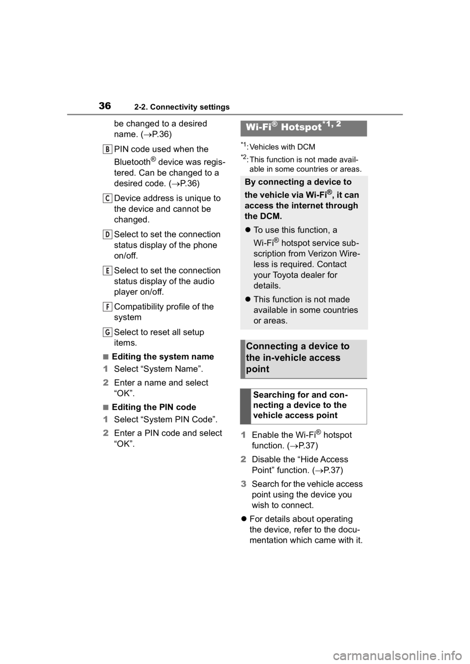 TOYOTA PRIUS 2020 Accessories, Audio & Navigation (in English) 362-2. Connectivity settings
be changed to a desired
name. (P. 3 6 )
PIN code used when the
Bluetooth
® device was regis-
tered. Can be changed to a
desired code. ( P.36)
Device address is u TOYOTA PRIUS 2020 Accessories, Audio & Navigation (in English) 362-2. Connectivity settings
be changed to a desired
name. (P. 3 6 )
PIN code used when the
Bluetooth
® device was regis-
tered. Can be changed to a
desired code. ( P.36)
Device address is u