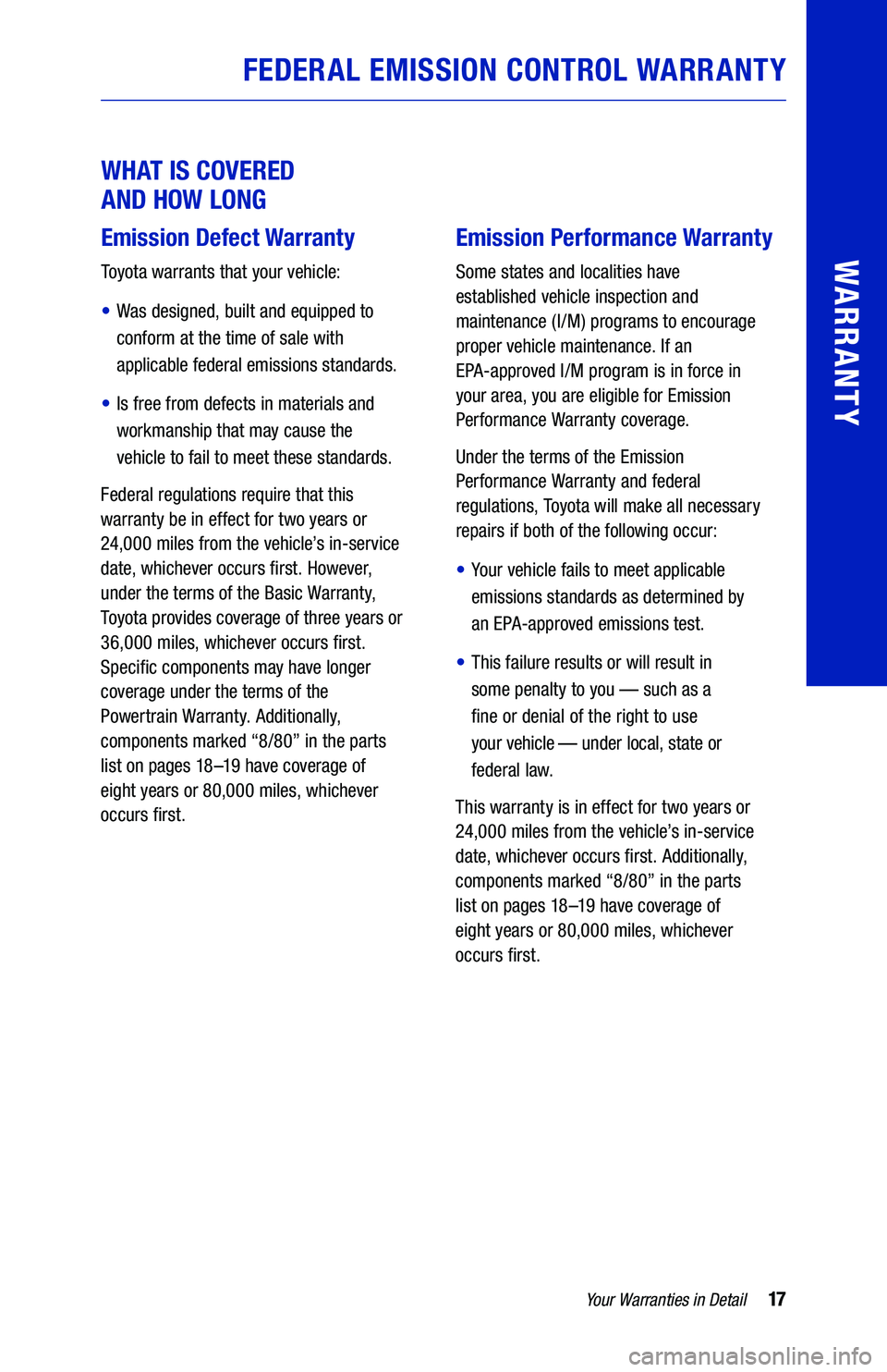 TOYOTA PRIUS 2021 Warranties & Maintenance Guides (in English) 17Your Warranties in Detail
WARRANTY
WHAT IS COVERED
AND HOW LONG
Emission Defect Warranty
Toyota warrants that your vehicle:
• Was designed, built and equipped to
conform at the time of sale TOYOTA PRIUS 2021 Warranties & Maintenance Guides (in English) 17Your Warranties in Detail
WARRANTY
WHAT IS COVERED
AND HOW LONG
Emission Defect Warranty
Toyota warrants that your vehicle:
• Was designed, built and equipped to
conform at the time of sale