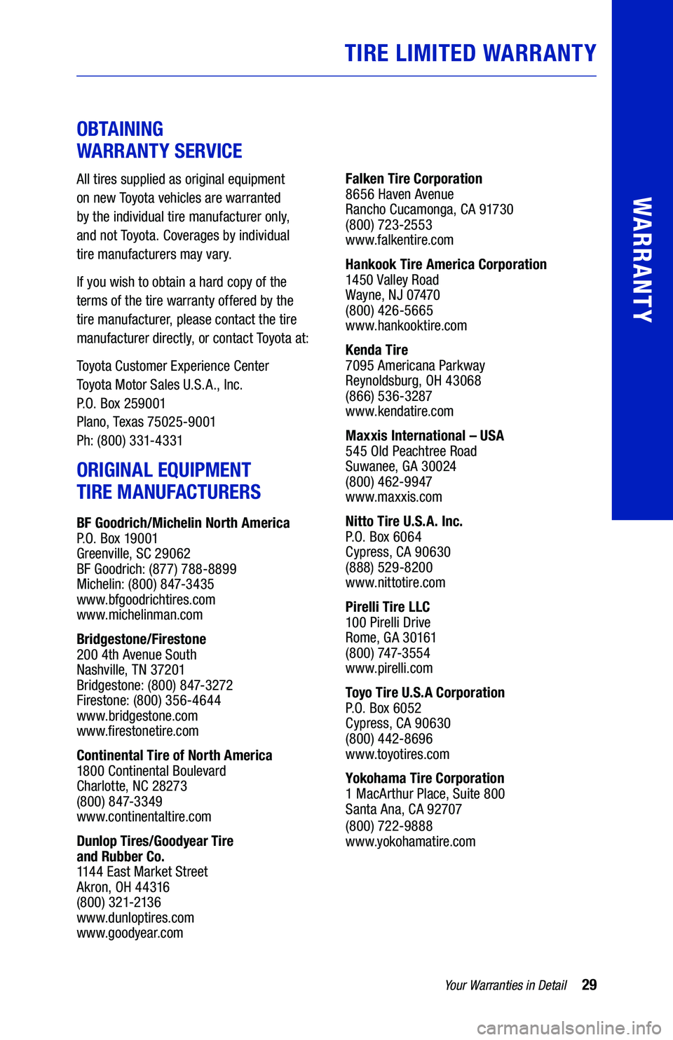 TOYOTA PRIUS 2021 Warranties & Maintenance Guides (in English) 29Your Warranties in Detail
WARRANTY
OBTAINING
WARRANTY SERVICE
All tires supplied as original equipment
on new Toyota vehicles are warranted
by the individual tire manufacturer only,
and not To TOYOTA PRIUS 2021 Warranties & Maintenance Guides (in English) 29Your Warranties in Detail
WARRANTY
OBTAINING
WARRANTY SERVICE
All tires supplied as original equipment
on new Toyota vehicles are warranted
by the individual tire manufacturer only,
and not To