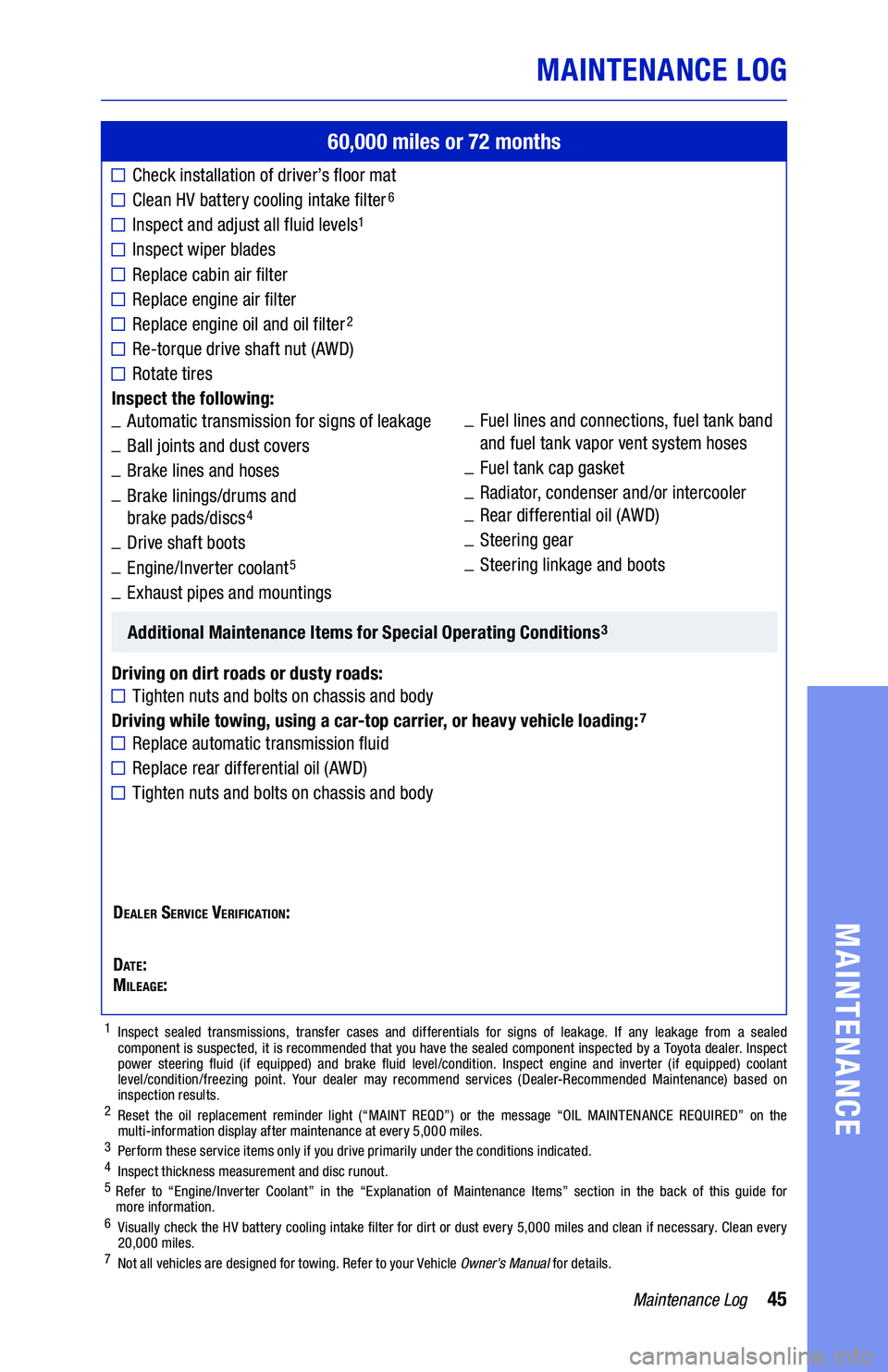 TOYOTA PRIUS 2021  Warranties & Maintenance Guides (in English) 45Maintenance Log
MAINTENANCE LOG
MAINTENANCE
60,000 miles or 72 months
	■Check installation of driver’s floor mat
	■����� �� ������� ������� ���