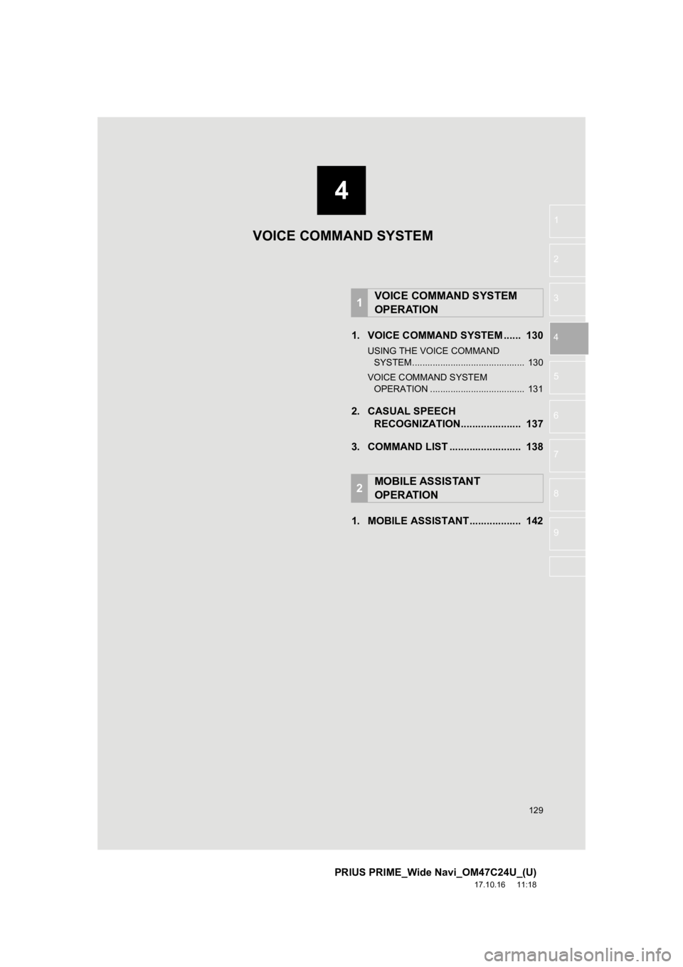 TOYOTA PRIUS PRIME 2018  Accessories, Audio & Navigation (in English) 4
129
PRIUS PRIME_Wide Navi_OM47C24U_(U)
17.10.16     11:18
1
2
3
4
5
6
7
8
9
1. VOICE COMMAND SYSTEM ......  130
USING THE VOICE COMMAND  SYSTEM ............................................  130
VOIC