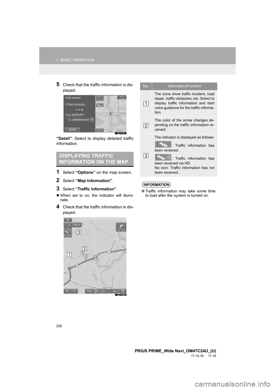 TOYOTA PRIUS PRIME 2018  Accessories, Audio & Navigation (in English) 220
1. BASIC OPERATION
PRIUS PRIME_Wide Navi_OM47C24U_(U)
17.10.16     11:18
5Check that the traffic information is dis-
played.
“Detail” :  Select  to  display  detailed  traffic
information.
1Se