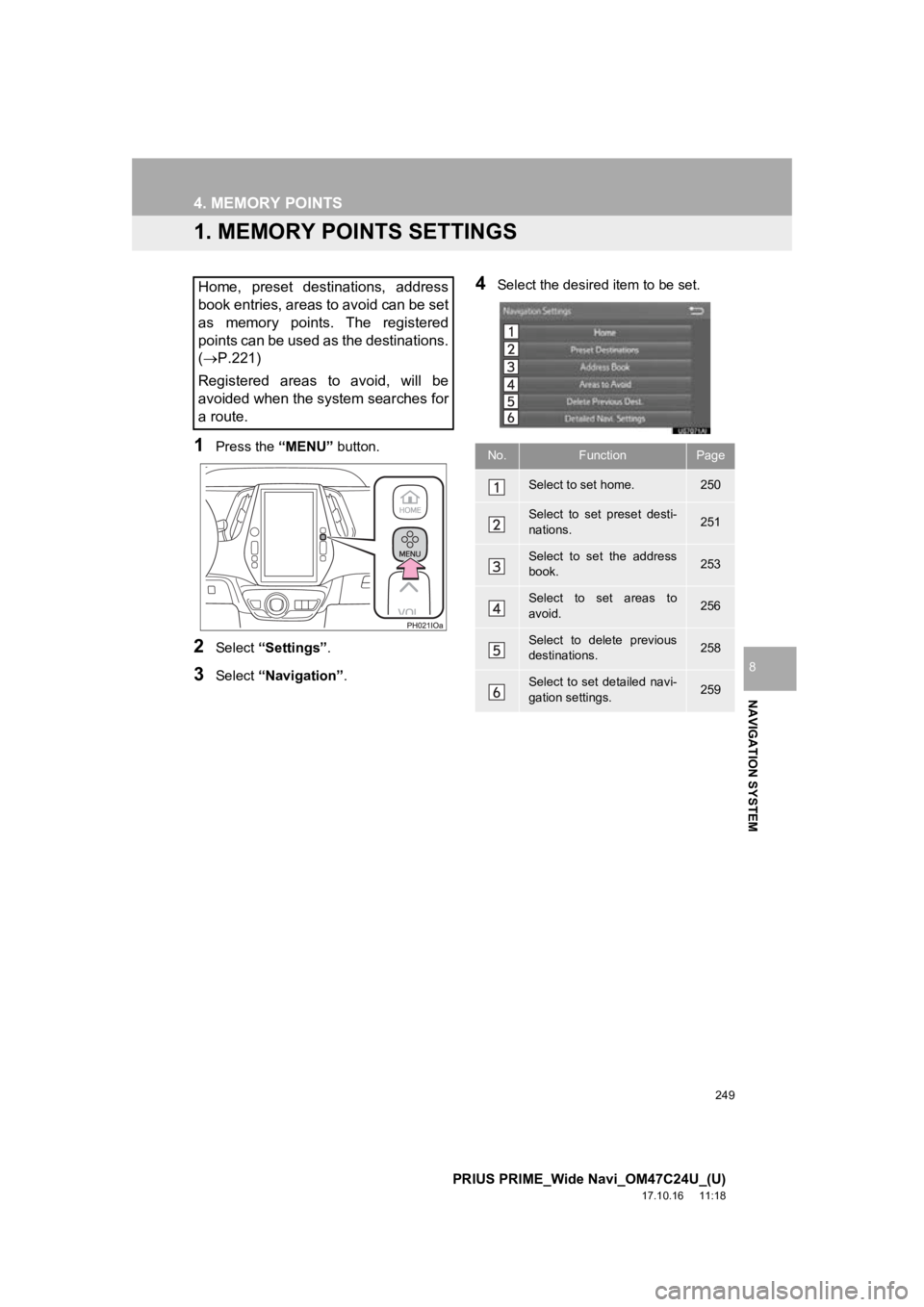 TOYOTA PRIUS PRIME 2018  Accessories, Audio & Navigation (in English) 249
PRIUS PRIME_Wide Navi_OM47C24U_(U)
17.10.16     11:18
NAVIGATION SYSTEM
8
4. MEMORY POINTS
1. MEMORY POINTS SETTINGS
1Press the “MENU” button.
2Select “Settings” .
3Select “Navigation”