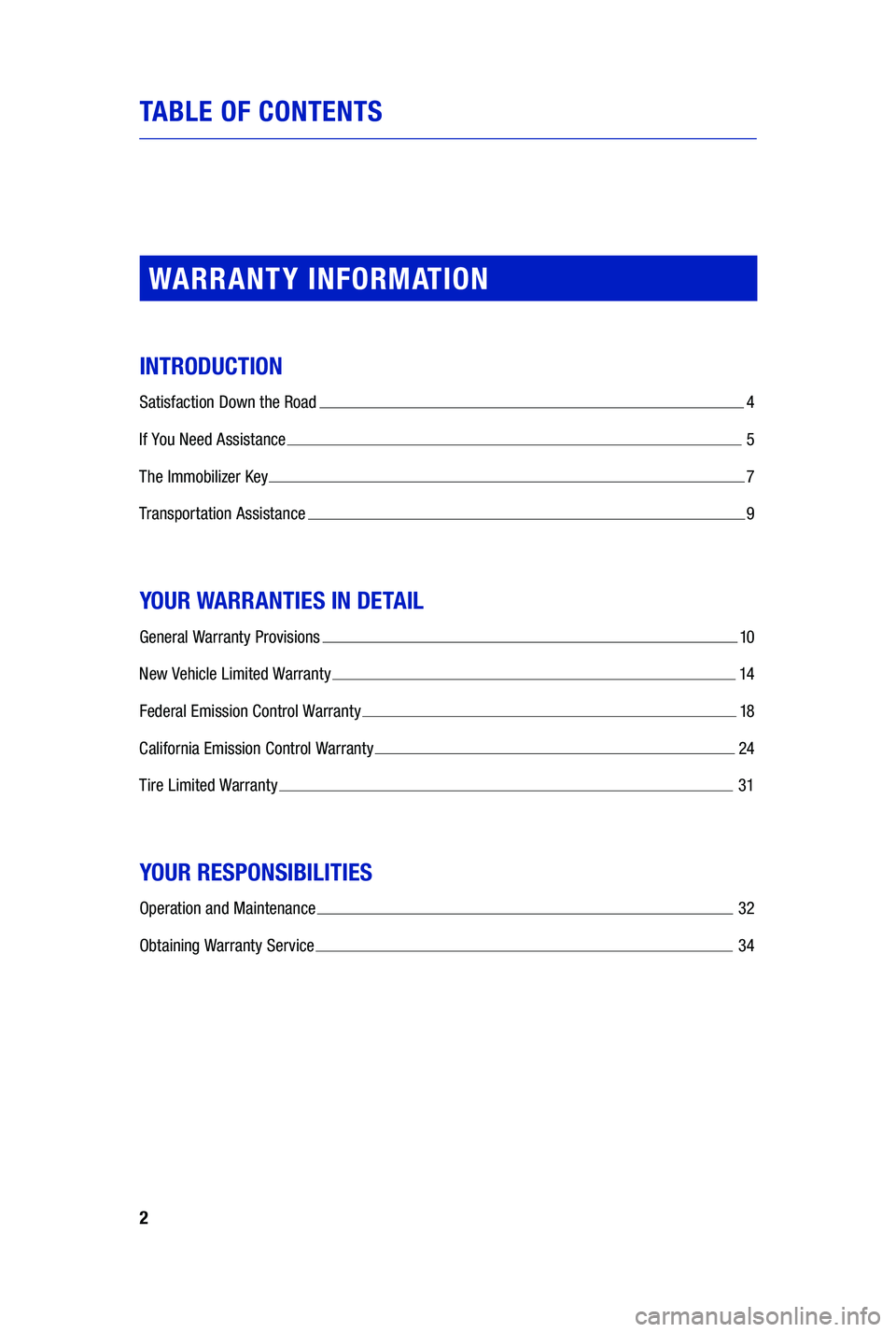 TOYOTA PRIUS PRIME 2019  Warranties & Maintenance Guides (in English) 2
TABLE OF CONTENTS
WARRANTY INFORMATION
INTRODUCTION
Satisfaction Down the Road  4
I
f You Need Assistance 
 5
T
he Immobilizer Key 
 7
T
ransportation Assistance 
 9
YOUR WARRANTIES IN DETAIL
Genera