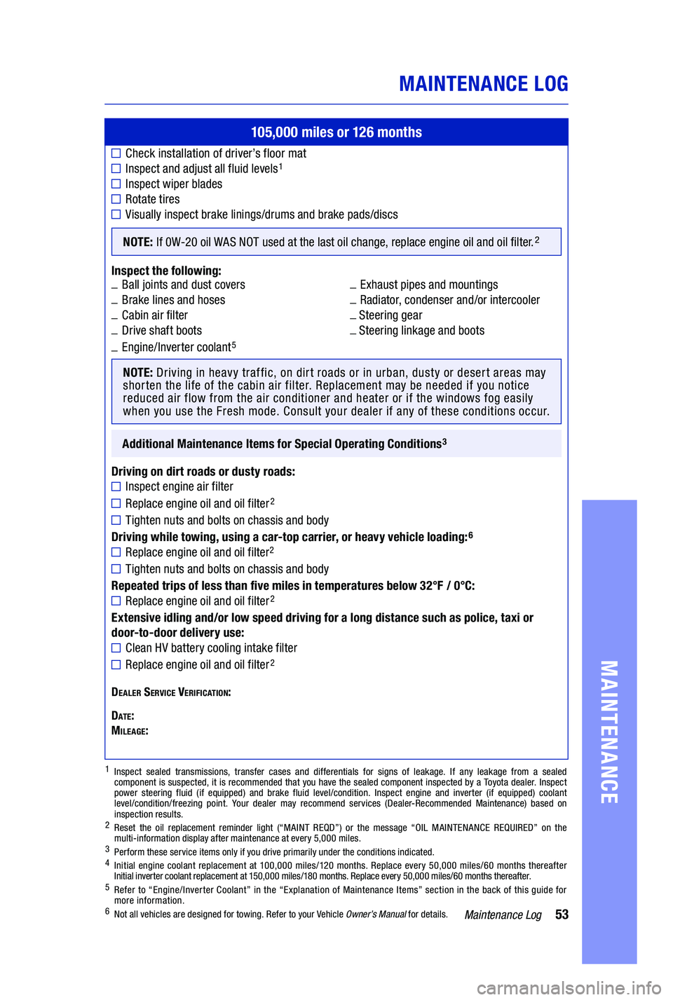 TOYOTA PRIUS PRIME 2019  Warranties & Maintenance Guides (in English) 53Maintenance Log
1  Inspect sealed transmissions, transfer cases and differentials for signs of leakage. If any leakage from a sealed component is suspected, it is recommended that you have the seale