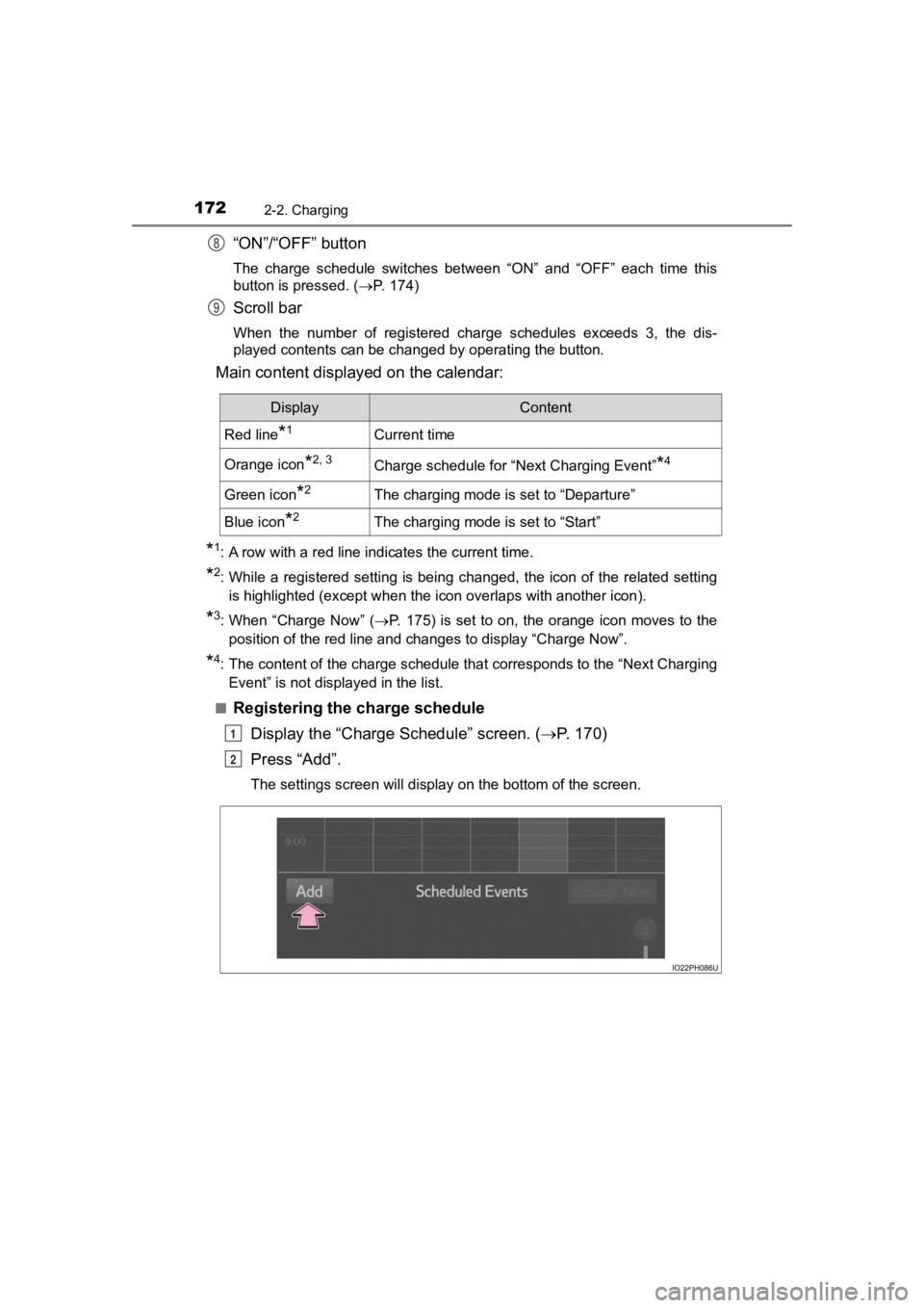 TOYOTA PRIUS PRIME 2020  Owners Manual (in English) 172
PRIUS PRIME_OM_OM47C77U_(U)
2-2. Charging
“ON”/“OFF” button
The  charge  schedule  switches  between  “ON”  and  “OFF”  each  time  this
button is pressed. (P. 174)
Scroll bar
W