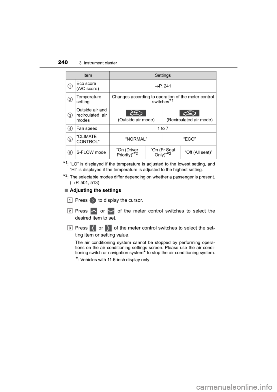 TOYOTA PRIUS PRIME 2020  Owners Manual (in English) 240
PRIUS PRIME_OM_OM47C77U_(U)
3. Instrument cluster
*1: “LO”  is  displayed  if  the  temperature  is  adjusted  to  the  lowest  setting,  and
“HI” is displayed if the temperature is adjust