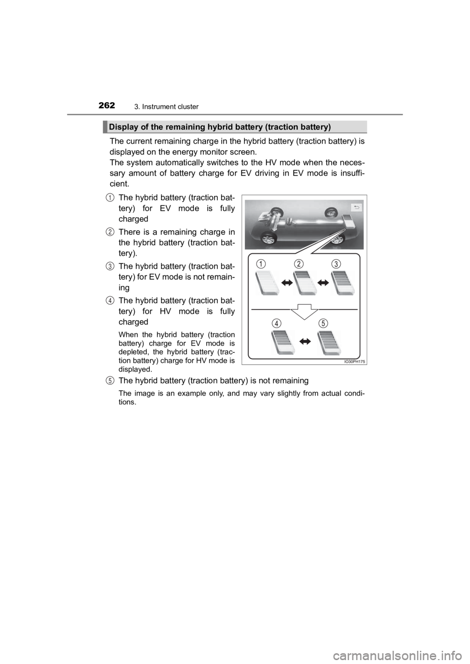 TOYOTA PRIUS PRIME 2020  Owners Manual (in English) 262
PRIUS PRIME_OM_OM47C77U_(U)
3. Instrument cluster
The current remaining charge in the hybrid battery (traction battery) is
displayed on the energy monitor screen.
The  system  automatically  switc