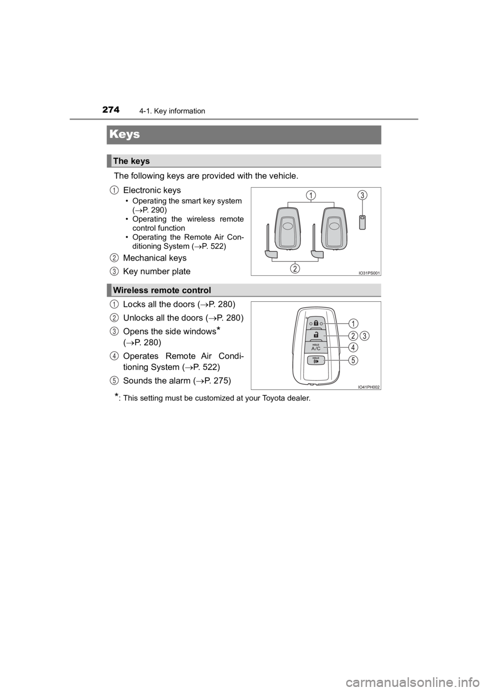 TOYOTA PRIUS PRIME 2020  Owners Manual (in English) 274
PRIUS PRIME_OM_OM47C77U_(U)
4-1. Key information
Keys
The following keys are provided with the vehicle.
Electronic keys
• Operating the smart key system  (P. 290)
• Operating  the  wireless