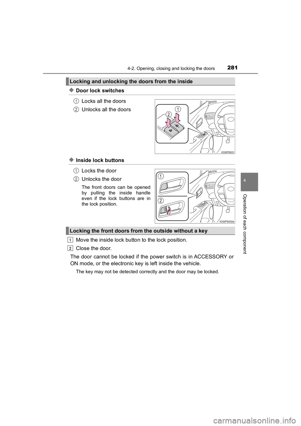 TOYOTA PRIUS PRIME 2020  Owners Manual (in English) PRIUS PRIME_OM_OM47C77U_(U)
2814-2. Opening, closing and locking the doors
4
Operation of each component
◆Door lock switchesLocks all the doors
Unlocks all the doors
◆Inside lock buttonsLocks the 