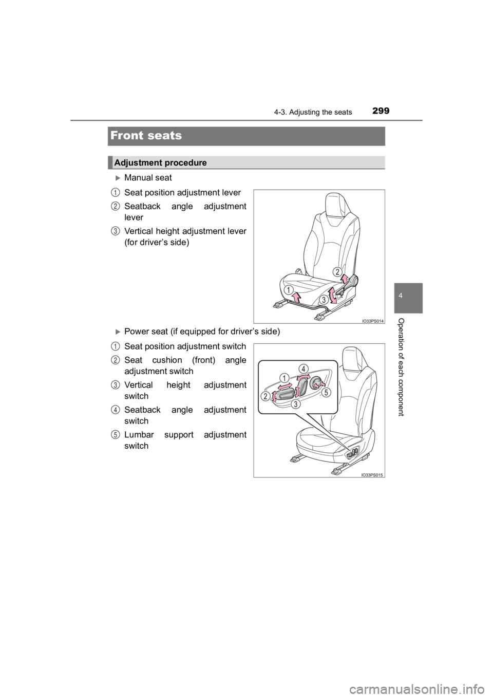 TOYOTA PRIUS PRIME 2020  Owners Manual (in English) 299
PRIUS PRIME_OM_OM47C77U_(U)
4-3. Adjusting the seats
4
Operation of each component
Front seats
Manual seat
Seat position adjustment lever
Seatback  angle  adjustment
lever
Vertical height adjus