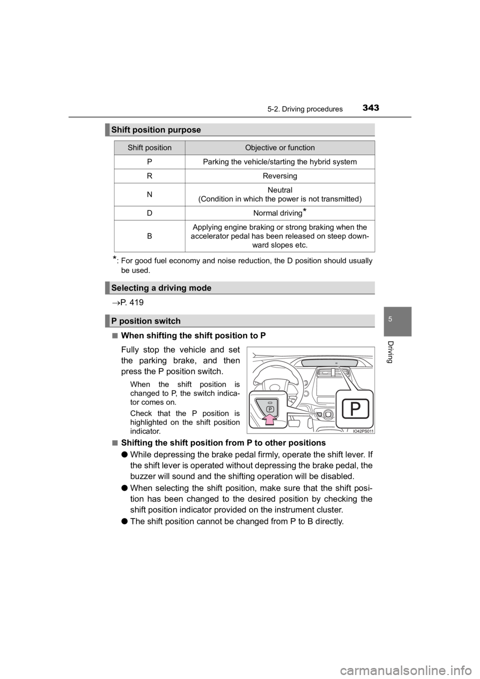 TOYOTA PRIUS PRIME 2020  Owners Manual (in English) PRIUS PRIME_OM_OM47C77U_(U)
3435-2. Driving procedures
5
Driving
*: For good fuel economy and noise reduction, the D position should usually
be used.
 P.   4 1 9
■When shifting the shift position